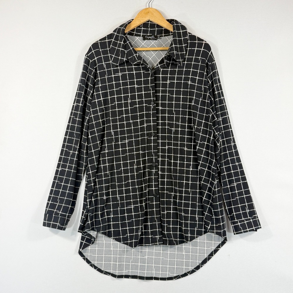 Sympli Button Down Top Womens 16 Black White Grid Lagenlook Travel Luxe Mod